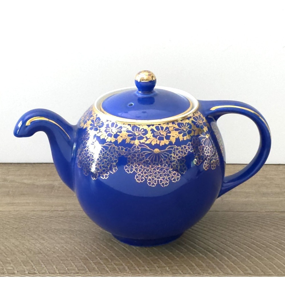 Vintage Blue Hall China Teapot with Gold Trim Floral Pattern 6 Cups